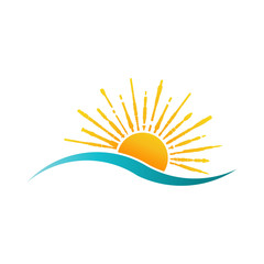 Obraz premium Sunny Sea Logo. Sun and Water Wave Vector Illustration