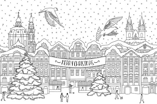 Hand drawn black and white illustration of a city in winter at Christmas time, hand drawn outlines for coloring, black and white ink drawing, Christmas card template