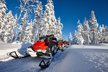 Group of red snowmobiles in Finnish Lapland sunny landscape