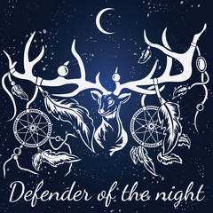 Vector deer. White silhouette. Dream catcher.