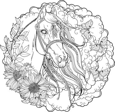 horse decorated with floral elements.