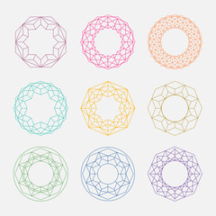 Linear shapes. Sacred geometry. Circle shapes set. Crystal forms. Outline Mandala frames. Crystal form.