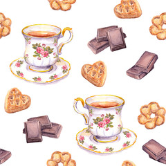 Seamless tea pattern with teacup, chocolate and cookies. Watercolour