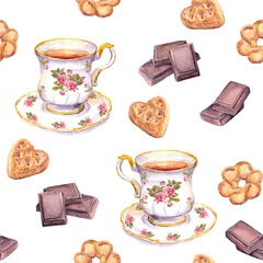 Papier Peint photo autocollant Thé Modèle de thé sans couture avec tasse de thé, chocolat et biscuits. Aquarelle