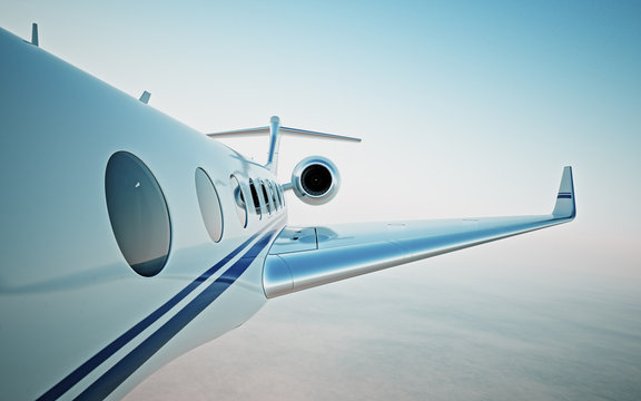 Closeup of realistic photo white, luxury generic design private jet flying over the clouds.Modern airplane and empty blue sky on background. Business travel concept. Horizontal. 3d rendering.
