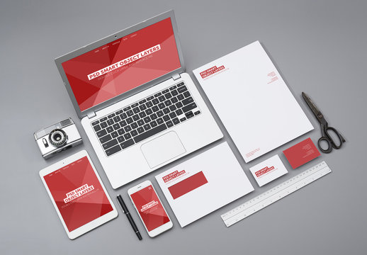 Laptop, Smartphone, and Tablet with Stationery Mockup 1