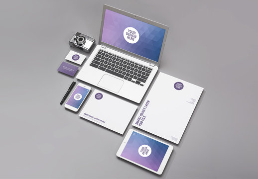 Laptop, Smartphone, and Tablet with Stationery Mockup 3 