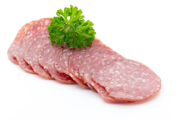 Salami smoked sausages slices isolated on white background.