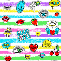 Vector seamless pattern with fashion fun patches: eyes, lip, star, strawberry, cherry, crystal, Good vibes speech bubble on stripe background. Pop art stickers, patches, pins, badges 80s-90s style