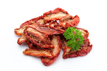 Dried tomatoes isolated on white background.