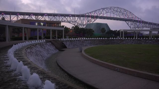 Corpus Christi Harbor Bridge and Water Fountains at Bayfront Science Park at Night