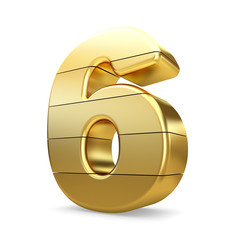 3d gold number 6 six isolated white background.