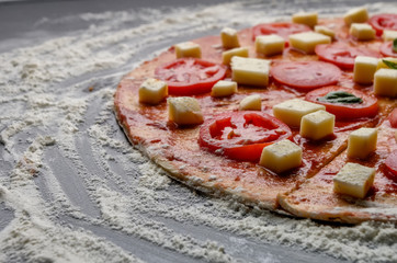 Delicious raw pizza on dark background with meal. Close-up