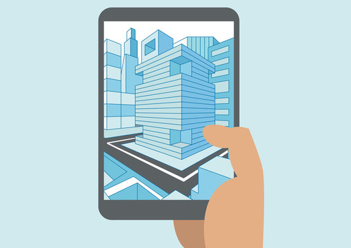 Vector illustration of hand holding modern tablet or smart phone with 3D view of a city displayed on touch screen