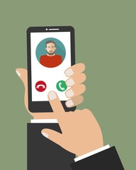 Hand holding phone icon. Vector illustration. There is man's photo on the display of the smartphone in the picture