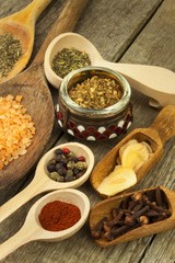 Spice in Wooden spoon. Herbs. Cinnamon and other on a wooden rustic background. Pepper. Large collection of different spices and herbs. Salt, paprika. Sale of spices.
