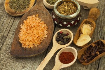Spice in Wooden spoon. Herbs. Cinnamon and other on a wooden rustic background. Pepper. Large collection of different spices and herbs. Salt, paprika. Sale of spices.

