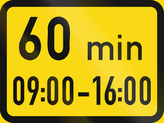 Temporary road sign used in the African country of Botswana - Parking is permitted within the hours specified, with a 60 minute limit