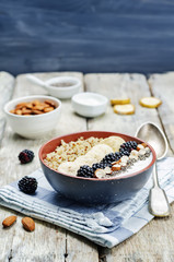 Greek yogurt almond banana Chia seeds Quinoa blackberry breakfas