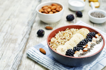 Greek yogurt almond banana Chia seeds Quinoa blackberry breakfas