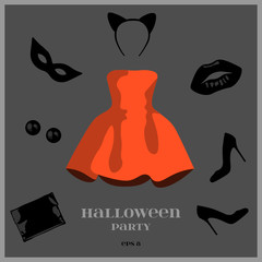 halloween set of clothes: a red dress, black shoes, a black clutch, black earrings, masquerade mask and hair band