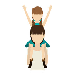 avatar woman mother carrying her daughter on her shoulders over white background. vector illustration