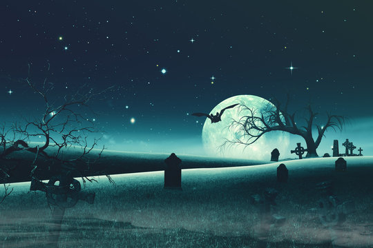Abstract Halloween backgrounds with old cemetery and full Moon