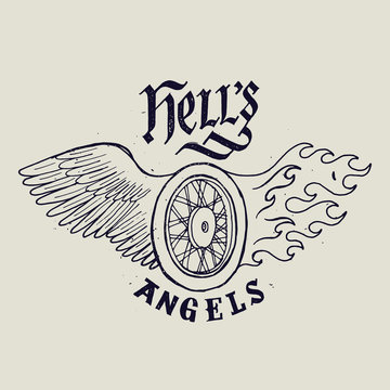 hells angels handwritten label. biker lettering with wheel wing and fire.