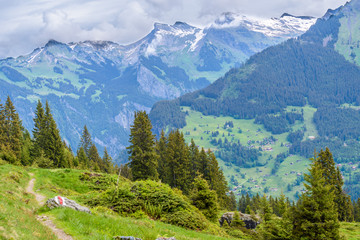 Fototapeta na wymiar Beautiful Swiss mountain valley landscape with trail.