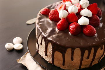 Delicious cake with zephyr and strawberry, closeup