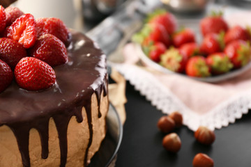 Delicious cake with strawberry, closeup