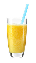 Glass of fresh delicious smoothie with straw on white background, closeup