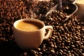 Roasted coffee beans with cup