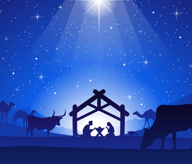 Nativity Scene with Jesus, Mary and Joseph in a Manger under Bright Start - 124668719