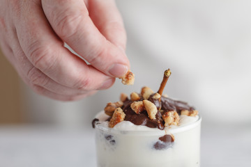 Pear and banana chocolate crumble with ice cream and caramel