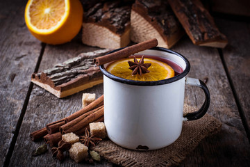 Mulled wine in iron mug