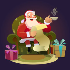 Santa drops gifts. Christmas greeting card background poster. Vector illustration.
