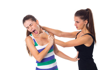 Young woman keeping another woman's throat 