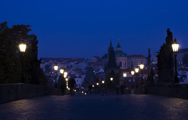 Fototapeta na wymiar Charles Bridge and the Prague Castle at night, Prague, Czech Republic