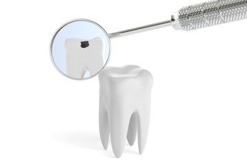 Dental concept, mouth mirror and bad tooth, 3D rendering