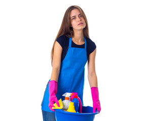 Woman holding cleaning things in washbowl