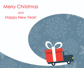 Christmas and New Year greeting card with gift delivery van goes on winter road with snowflakes background. Vector illustration.