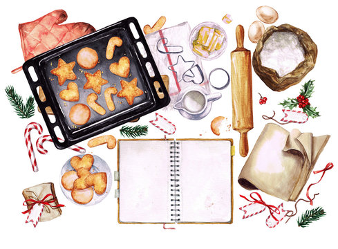 Baking Christmas Cookies. Watercolor Illustration with blank space for text.