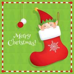 Vector cartoon illustration of a cute elf hiding in a red Christmas stocking. Holiday greeting card with text "Merry Christmas". Green background, square format.
