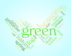 Green word cloud in shape of butterfly on gradient blue background. Seasons concept. Vector.