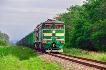 Cargo freight train among the green nature
