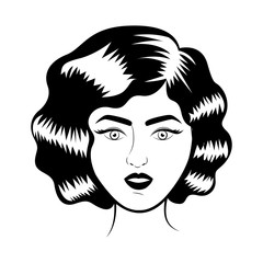 retro woman face smiling with classic hairstyle over white background. vector illustration