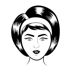 retro woman face smiling with classic hairstyle over white background. vector illustration