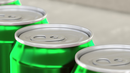 Soft drink or beer production line. Green aluminum cans on industrial conveyor, shallow focus. Recycling ecologic packaging. 3D rendering