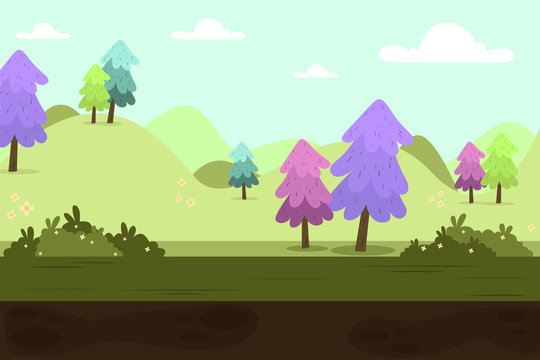 Illustration of a nature green hills landscape with trees